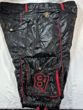 NWOT 8732 Young Jeezy Apparel Shiny "Wet Look" Nylon Cargo Track Pants Black/Red